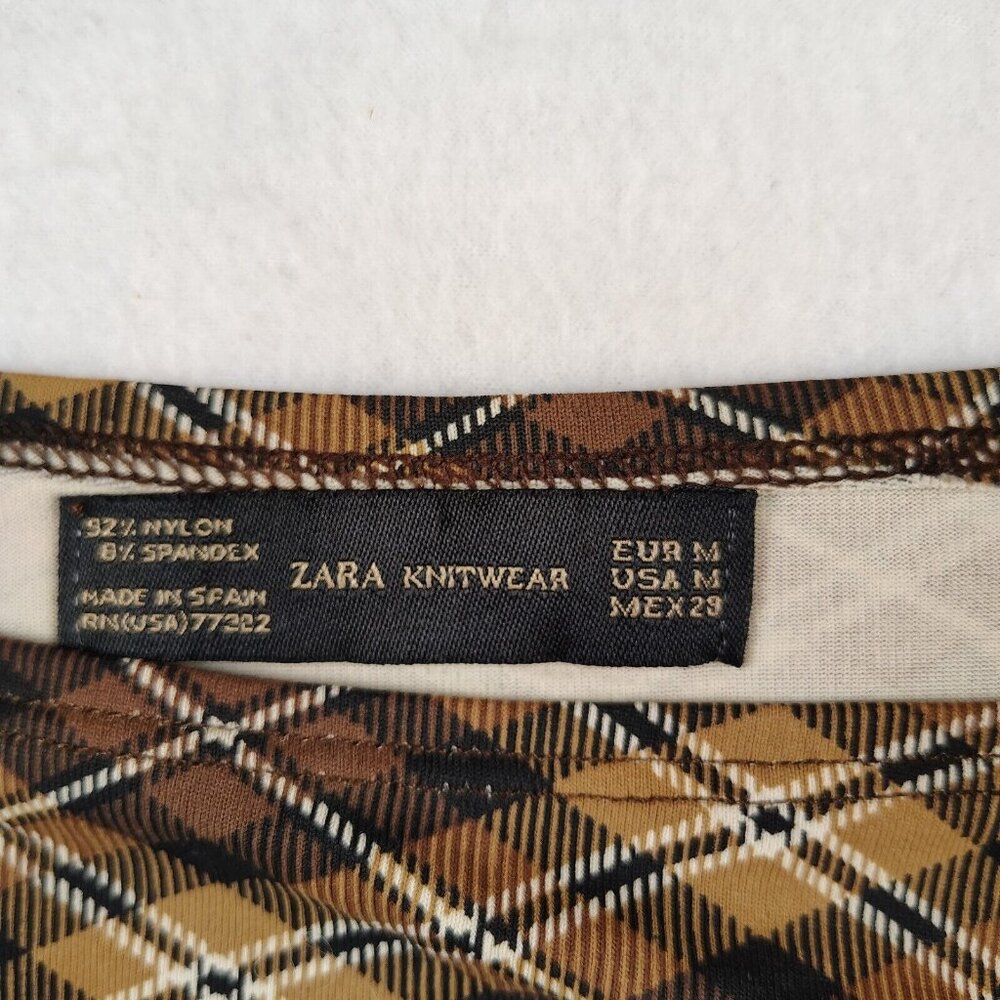 Zara Knitwear Shirt Brown Plaid 3/4 Sleeve Sz Medium - Picture 3 of 9